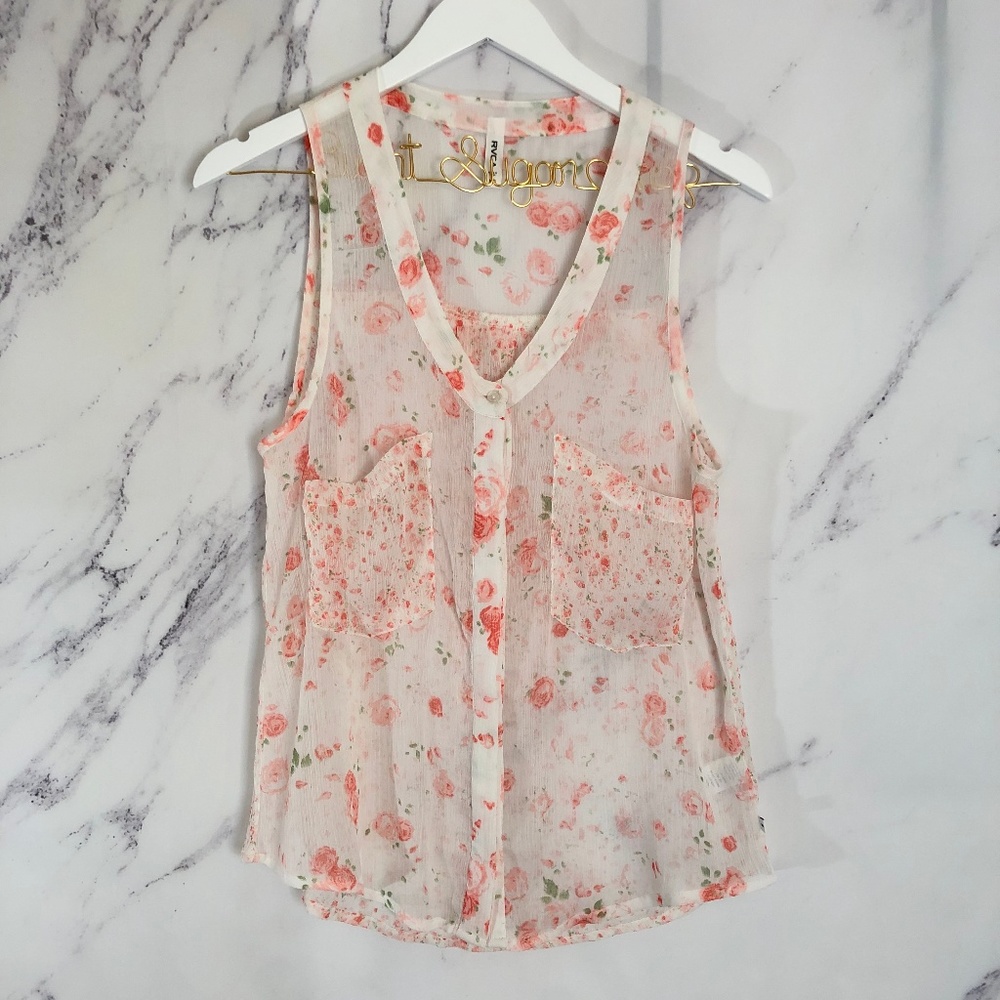 RVCA || sheer pink peach floral tank top w pockets
